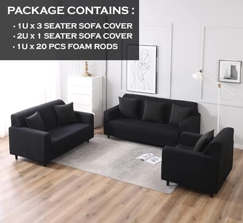 Image of HK ENTERPRISES 3 Seater Sofa Cover with Elasticity, Stretchable Spandex & Polyester, Black