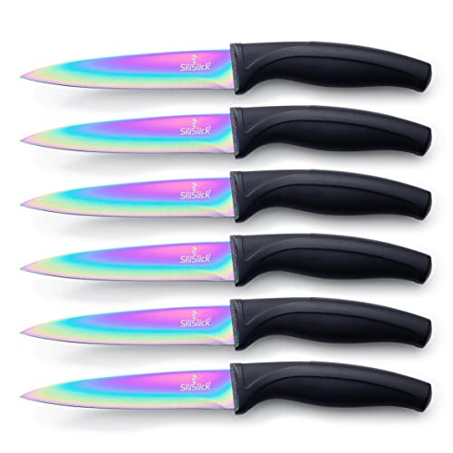 SiliSlick Stainless Steel Steak Knife Set - Titanium Coated Colorful Kitchen Knives with Straight Edge, Smooth & Sharp - Rainbow Iridescent Kitchen Gifts & Accessories