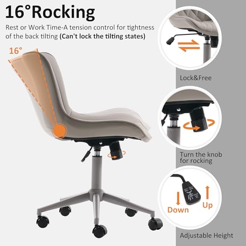 Image of YOUTASTE Grey Armless Office Chair, Modern Adjustable Swivel Desk Chair with Wheels, Upholstered PU Leather, Gray Metal Legs, Back Support for Home Office, Study, Vanity, Bedroom