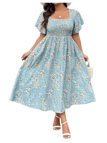 Floerns Women's Plus Size Floral Square Neck Flounce Short Sleeve A Line Maxi Dress