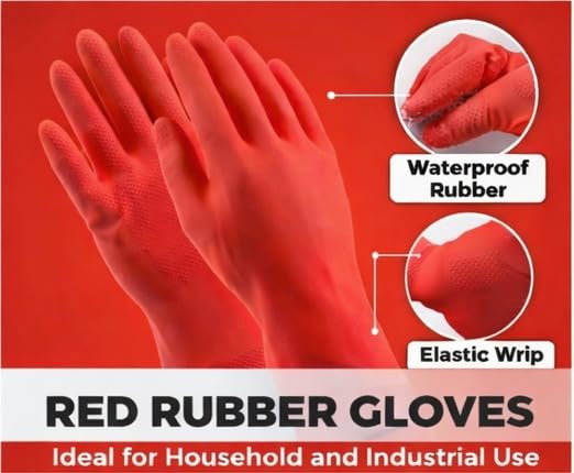 Image of LADWA Premium Rubber Household Cleaning Gloves, Red Color Reusable Waterproof Gloves for Kitchen Cleaning, Dishwashing, Gardening and Bathroom Use with Durable Material (Pack of 1 Pair)