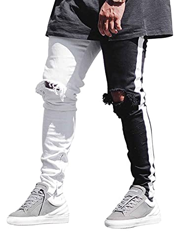 HUNGSON Men's Blue Slim Fit Jeans Stretch Destroyed Ripped Skinny Jeans Side Striped Denim Pants