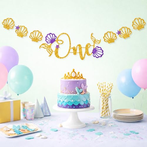 Image of Rozi Decoration Mermaid Theme One Banner Glitter Paper Bunting Decoration | Ocean Party Backdrop for Birthday Celebration | 3 Meter Hanging Banner with Shell & Star Design