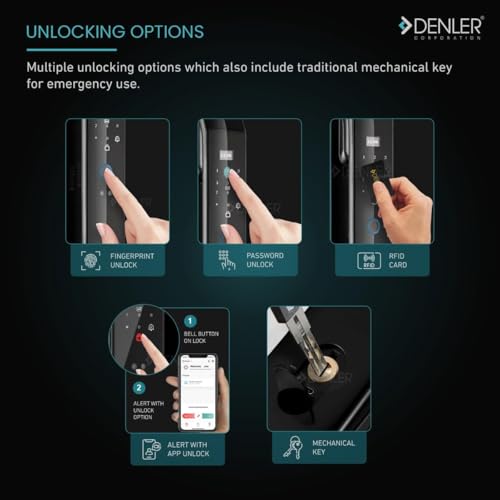 Image of Denler Smart Lock | Digital Door Lock 3D Face Recognition | On Demand Video Intercom & On Demand Wi-Fi Remote Unlock Using App, Fingerprint, RFID Card, PIN, Key CNC Made (Black F1)