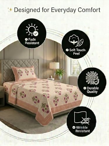 Image of Mafatlal 144 TC Heritage Single Size (90x60 inches) Floral Printed Twin Bedsheet with Pillow Cover | Soft 100% Pure Cotton Bedsheet Set | Cream