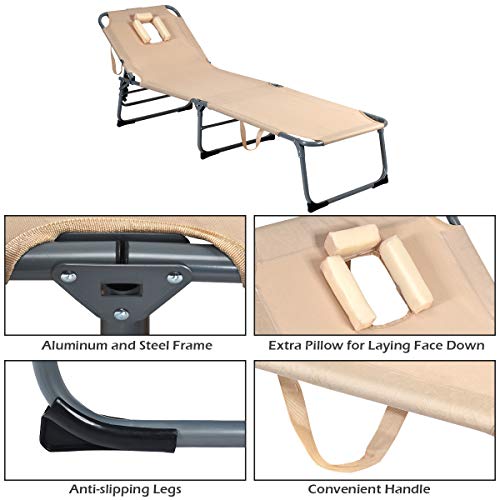 Giantex Outdoor Folding Chaise Lounge Chair, Adjustable Camping Recliner Chair With Face Hole, Removable Pillow, Sunbathing Headrest And Tray, Foldable Beach Bed Cot For Backyard Patio Pool (Beige) #TOP5
