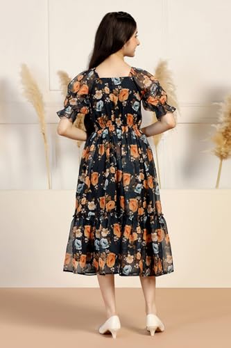 Image of Fashion Dream Girl's Organza Floral Printed Calf Length Dress|Western Dress|Kids Dress|Fancy Dress