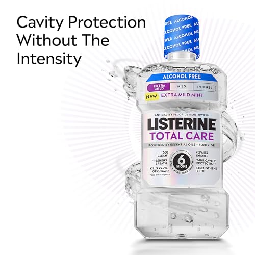 Image of Listerine Total Care Alcohol-Free Anticavity Fluoride Mouthwash, 6 Benefit Oral Rinse to Help Kill 99.9% of Germs that Cause Bad Breath & Strengthen Enamel, Dye-Free, Extra Mild Mint Flavor, 1L x 2