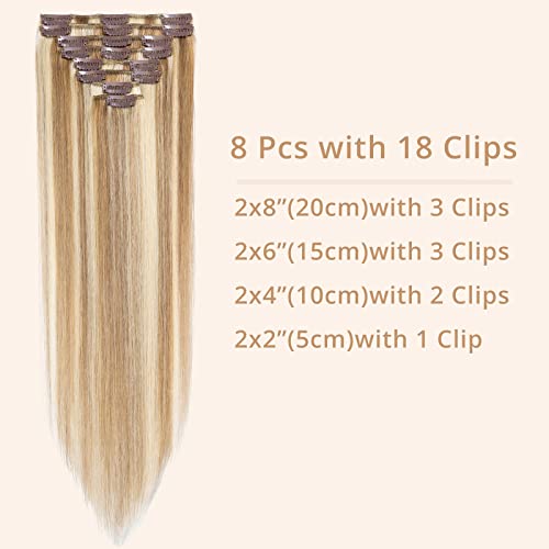 TESS Clip in Hair Extensions Real Human Hair Highlighted Remy Seamless 8 Pieces Straight for Women/Girls (#18P613 Ash Blonde & Bleach Blonde - Image 4