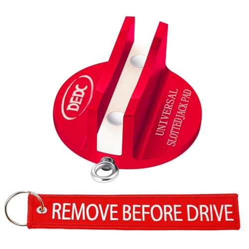 DEDC Universal Aluminum Grooved Magnetic Jack Pad Red 1 Pc, Jacking Puck Pinch Weld Frame Rail Adapter with 1 Reminder Streamer, Car Accessories for Men