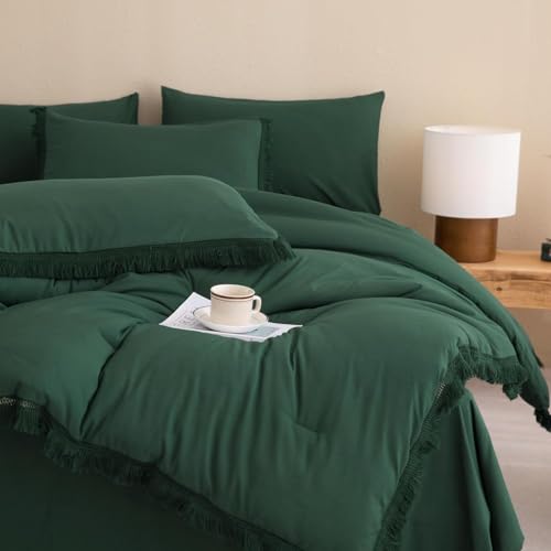 Image of Andency Oversized King Comforter Set Dark Emerald Green 120x98-7 Piece Boho Tassel Bed in a Bag Soft Lightweight Bedding Set, Fringe All Season Bed Set with Comforter, Sheets, Pillowcases & Shams