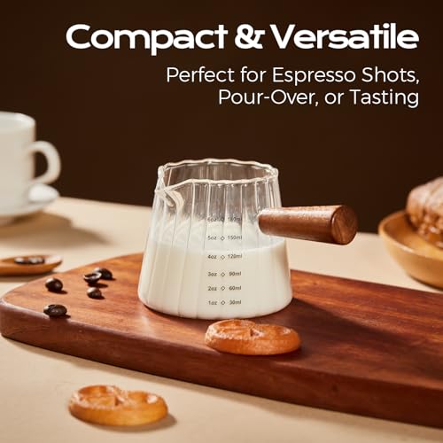 YARRAMATE 6 oz/180ML Glass Measuring Cup with Wooden Handle – Espresso Shot Cups, Ribbed Milk Frothing Pitcher, Dual Scale Markings, V-Shaped Mouth for Easy Pouring (2 Pack) — view 6