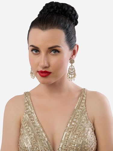 Image of Zaveri Pearls Antique Gold Tone Kundan & Pearls Embellished Dangler Earring For Women-ZPFK19030