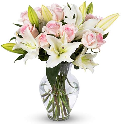 Benchmark Bouquets Pink Roses and White Lilies, With Vase (Fresh Cut Flowers)
