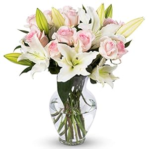 BENCHMARK BOUQUETS – Pink Roses & Lilies (Glass Vase Included), Next-Day Delivery, Gift Fresh Flowers for Birthday, Anniversary, Get Well, Sympathy, Graduation, Congratulations, Thank You