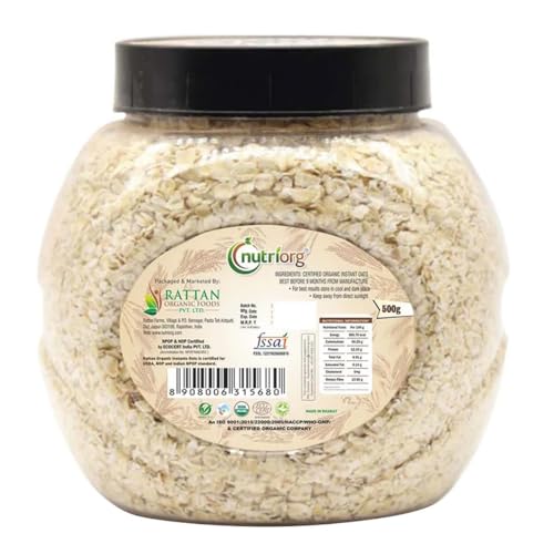 Image of Nutriorg 100% Organic Rolled Oats 500gm | Pack of 2 | Gluten Free | High protein | Weight loss | Fibre Rich | Easy to Cook | Overnight Oats | Nutritional Breakfast Cereal Oats | Air Tight Plastic Jars