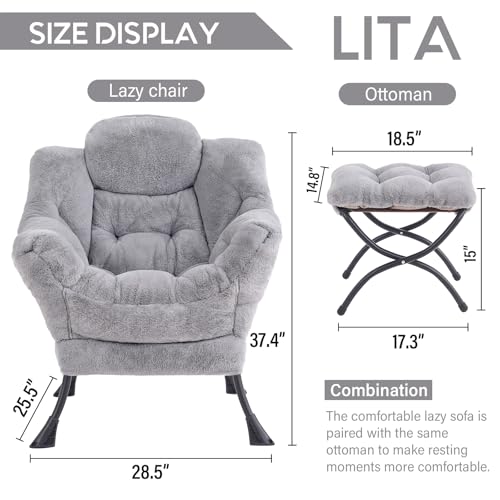 Image of LITA Lazy Chair with Ottoman, Modern Accent Leisure Upholstered Sofa Chair, Contemporary Lounge Reading Chairs with Armrests and a Side Pocket for Living Room, Bedroom & Small Space, Plush Grey