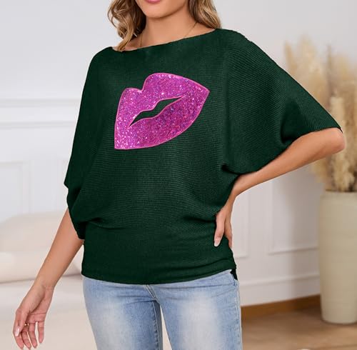 Image of PESION Women's Oversized Off The Shoulder Sweaters Loose Dolman Short Sleeves Chunky Knit Pullover Jumper Tops, Green+ Pink Lip