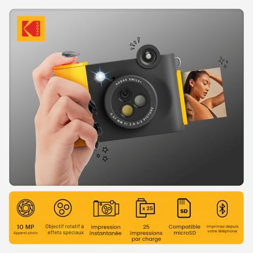 KODAK Smile+ 2 in 1 Appareil Photo numérique instantané et imprimante Photo sans Fil Bluetooth, 2x3 (5,1x7,5 cm), 10 MP, Objectif Rotatif à Effets spéciaux, Photos à Dos adhésif, Noir – vue 2