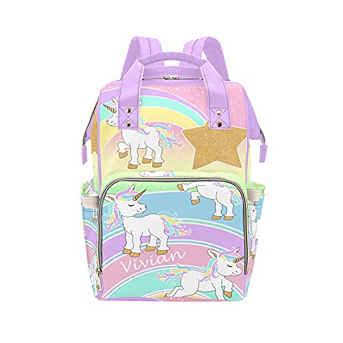 Magical Colorful Unicorns Personalized Diaper Bag Backpack Tote with Name,Custom Travel Nappy Mommy Bag Backpack
