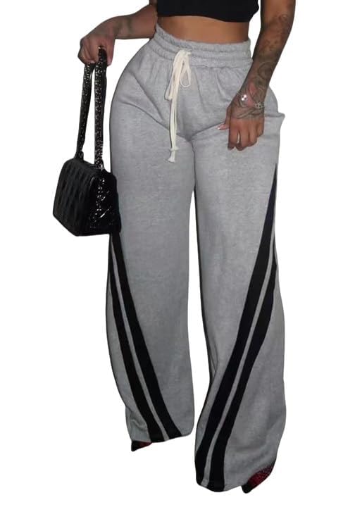 NRTHYE Women's High Waist Wide Leg Sweatpants Straight Leg Pants Casual Striped Pants2