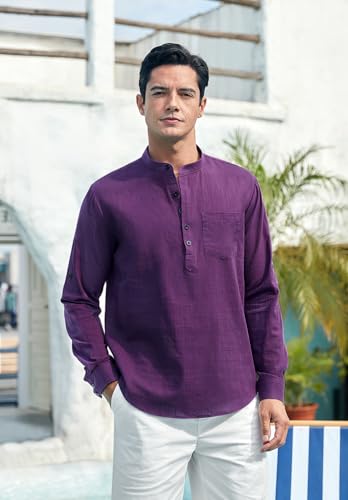Enlision Mens Cotton Linen Henley Shirts Long Sleeve Casual Shirt Summer Beach Hippie T-Shirt Band Collar Shirt & Pocket2