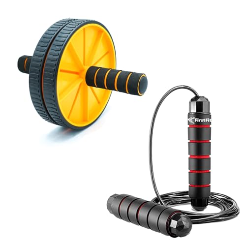 FirstFit Professional Skipping Rope & Ab Roller Combo for Men & Women - Abs Workout Equipment & Jump Rope for Cardio - Home Gym Equipment for Fat Loss, Core Training & Fitness
