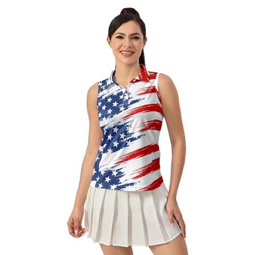 Dtuivit American Flag Sleeveless Golf Polo For Women Quick Dry Polo Shirts Ladies Printed Polo Tennis Shirts Patriotic Golf Outfits For Women