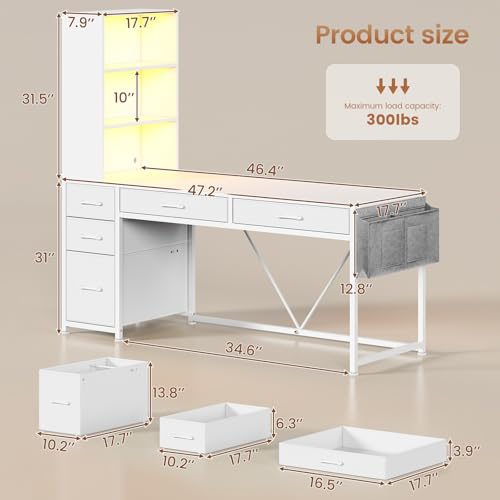Image of SEDETA Computer Desk with 5 Drawers and Bookshelf, Reversible Home Office Desk with Storage Shelves and File Drawer, Gaming Desk with LED Lights for Small Spaces, White