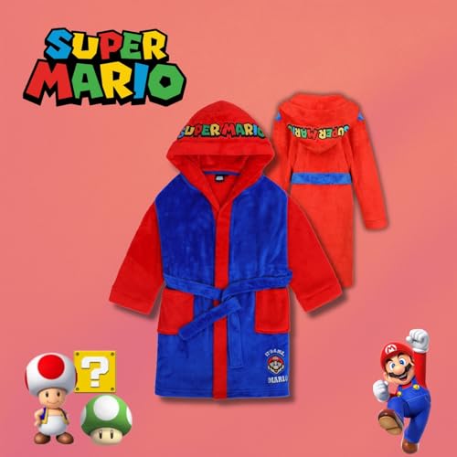 Super Mario Kinder Bademantel Morgenmantel, flauschig, Coral Fleece mit Kapuze, Logo, Junge, Mädchen (DE/NL/SE/PL, Numerisch, 116, Regular, Blau-Rot)