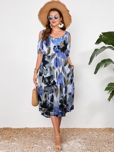 Image of LARACE Plus Size Women Dress for Summer, Midi Women's Sundress, Casual V-Neck Short Sleeve Flowy T-Shirt Dresses with Pockets