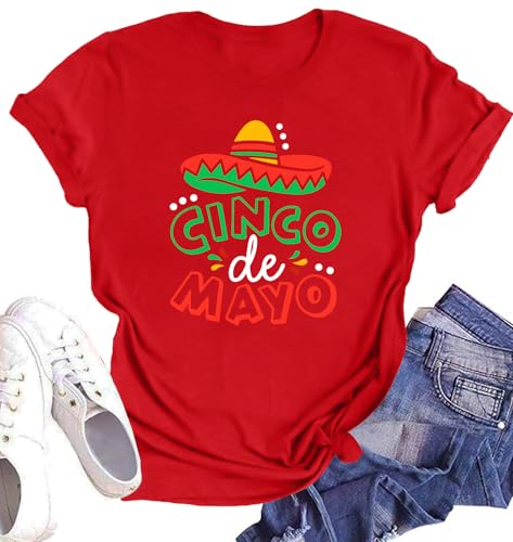 Cinco De Mayo Shirt Women: Let's Fiesta Shirt Mexican Party T-Shirt Graphic Tee Funny Letter Print Tops (Red4, Large)
