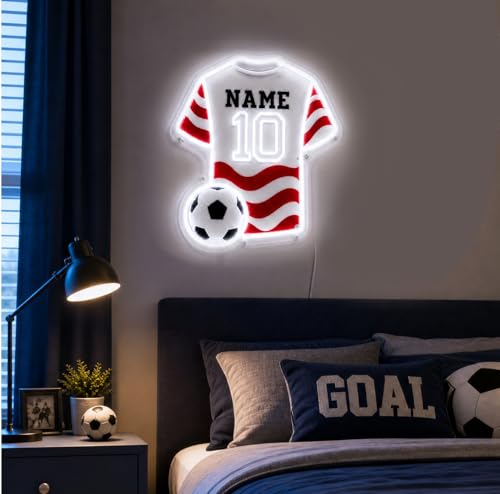 Image of Custom Soccer Jersey Neon Sign, Personalized Name Number world cup Football Jersey Neon Light with Soccer Ball, Customizable USB LED Wall Decor for Boys Bedroom, Game Room, Man Cave, Sports Bar, Fan Club, Party,Soccer Gifts