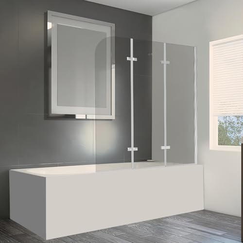 Jaxguom Mampara de ducha para bañera, 120 x 140 cm, 3 piezas, plegable, con cristal templado de seguridad de 6 mm, color plateado y transparente, con accesorio de bañera
