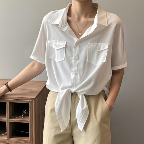 AEURPLT Women's Button Down Shirt Tie Front Short Sleeve Office Business Blouse Sheer Summer Casual Tops2
