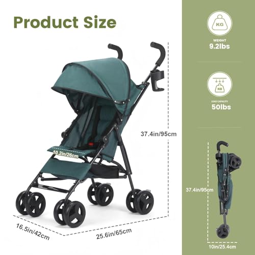 Image of One-Handed Folding Lightweight Stroller, Large Storage Basket, Canopy, Cup Holder, Compact Umbrella Stroller Durable Frame, 3-36M Travel Stroller for Airplane Ultra Overhead Friendly (Dark Green)