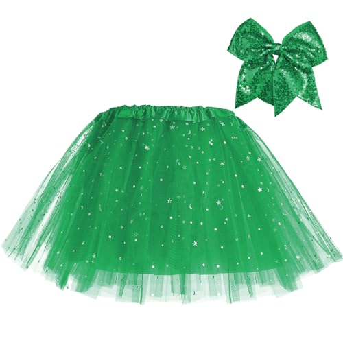 tanzdunsje Faldas de tutú para niñas de 3 Capas con Forro con Lazo para el Cabello, Falda de tutú para niños Ballet Rosa Negro Rojo Tutu para 2-8 años (Verde)