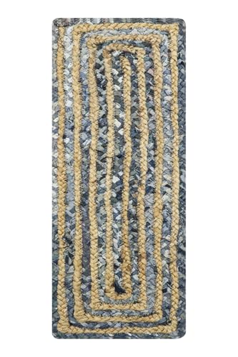 Tapis d'escalier en jute de coton chindi bleu et beige rustique - 4
