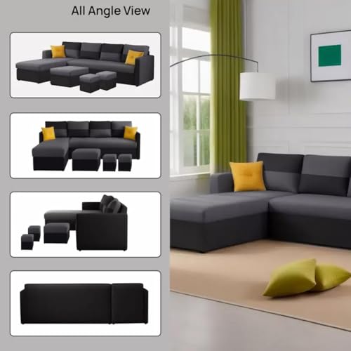 Image of FURNY Arno 8 Seater Fabric Sectional LHS L Shape Sofa Set with 1 Centre Table & 2 Ottomans (Dark Grey-Black)