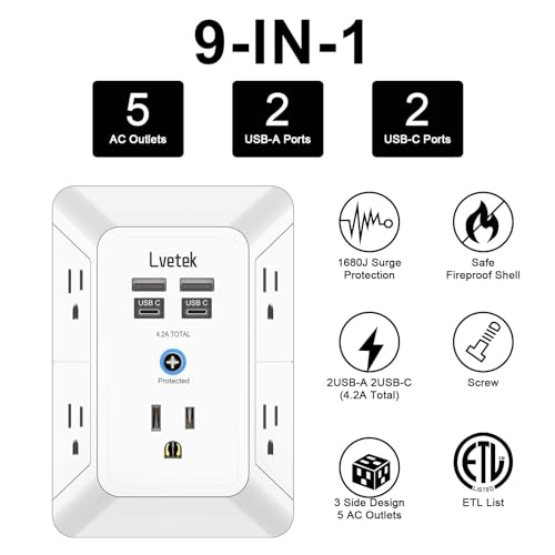 Outlet Extender, Surge Protector Outlet with 5-Multi Plug Outlet and 4 USB Ports(2 USB C), 3-Sided 1680J Power Strip Wall Charger, Multiple-Plug Outlet Splitter for Home Travel Office,ETL Listed,White