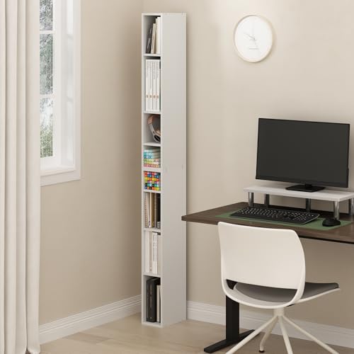 Image of Furinno Fulda Book Shelf, 8-Tier Bookshelf, Bookcase with Space Saving Storage Shelf, 9.2 x 5.9 x 70.9, for Living Room, Bedroom, Home Office, White