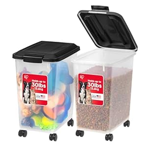 IRIS USA Dog Food Storage Container, 2 Pack, Up to 30 lbs Each, Airtight Seal for Freshness, Wheels for Rolling, Easy One Hand Opening, Made in USA, BPA Free, Clear/Black