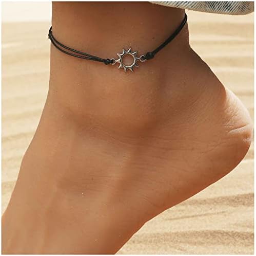 Cimenexe Bohemian Sun Anklet Black Woven Rope Ankle Bracelet Silver Sunshine Chain Anklet Adjustable Wax Anklets Summer Beach Foot Chain Jewelry for Women and Girls Gifts