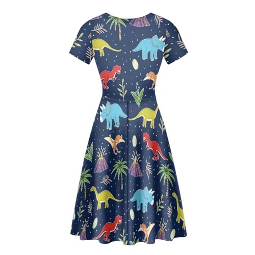 Image of POLERO Women Puffy Swing Elegant Party Midi Dresses Short Sleeve Round Neck A-Line Dress
