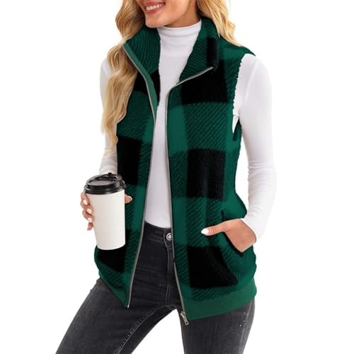 Womens Fuzzy Fleece Sherpa Vest Plaid Flannel Vest Coat Cute Vest for Teen Girls Sleeveless Winter Coat Zipper Jacket4