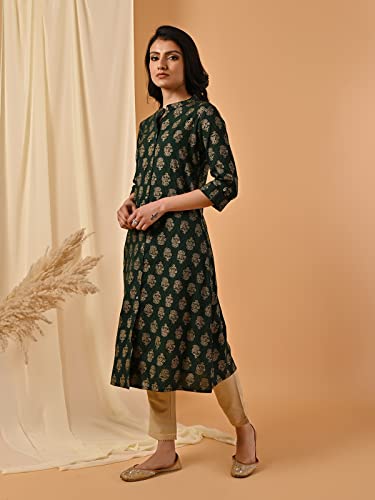 Image of rangita Green Rayon Calf Length Printed Front Slit Kurti for Women | Kurta for Women