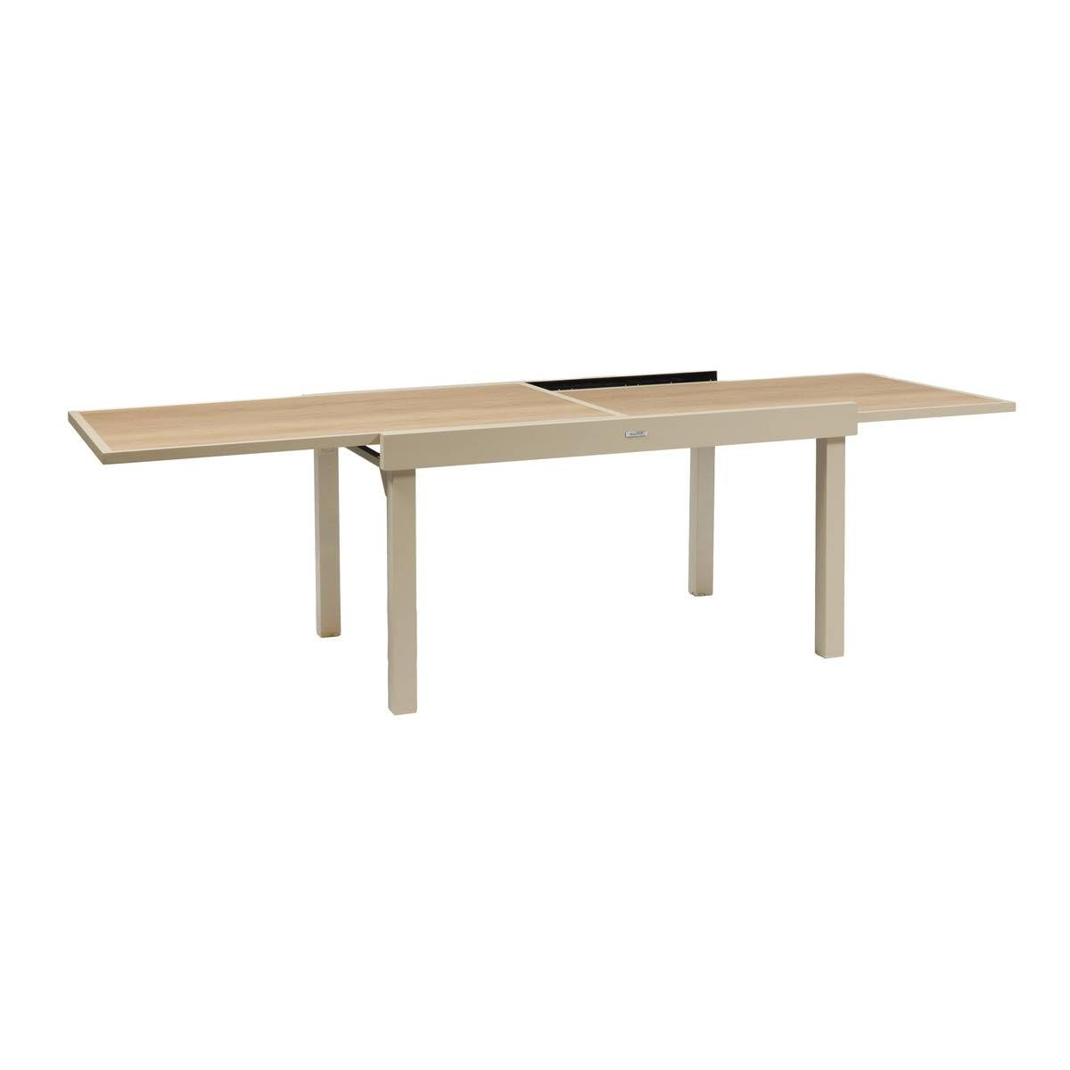 Hespéride - Table de Jardin Extensible Piazza Argile - 10 Places - Aluminium Traité Epoxy Antirouille - Plateau Verre Trempé Effet Bois - Meuble d'Extérieur à Rallonge Coulissante