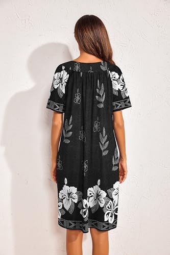 Image of Ekouaer Womens House Dress Floral Print Nightgown with Pockets Mumu Dress | V Neck Nightgowns for Women Pleated Short Sleeves Mumu Dresses Knee Length Moo Moo for Sleep, Daily Wear, Vacation, Party