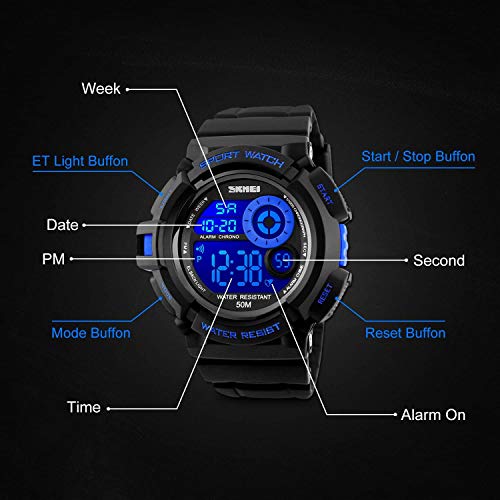 LYMFHCH Mens Sport Running Watch, Digital Electronic 50M Waterproof Military Army Sports LED Wristwatch Water Resistant with Stopwatch Unique Dial 7 Color Changeable Backlight - Blue - Image 6
