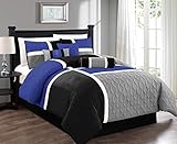 Chezmoi Collection 7-Piece Quilted Patchwork Comforter Set, Gray/Blue/Black, Queen